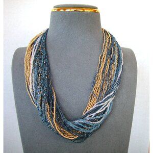 Multistrand Blue & Gold Beaded Necklace With Gold-Tone Floral Clasp